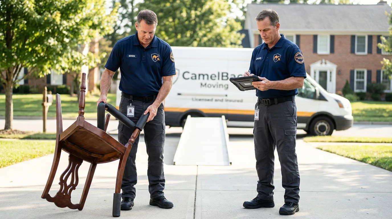 Movers inspecting furniture for damage prevention before loading in Belford, NJ