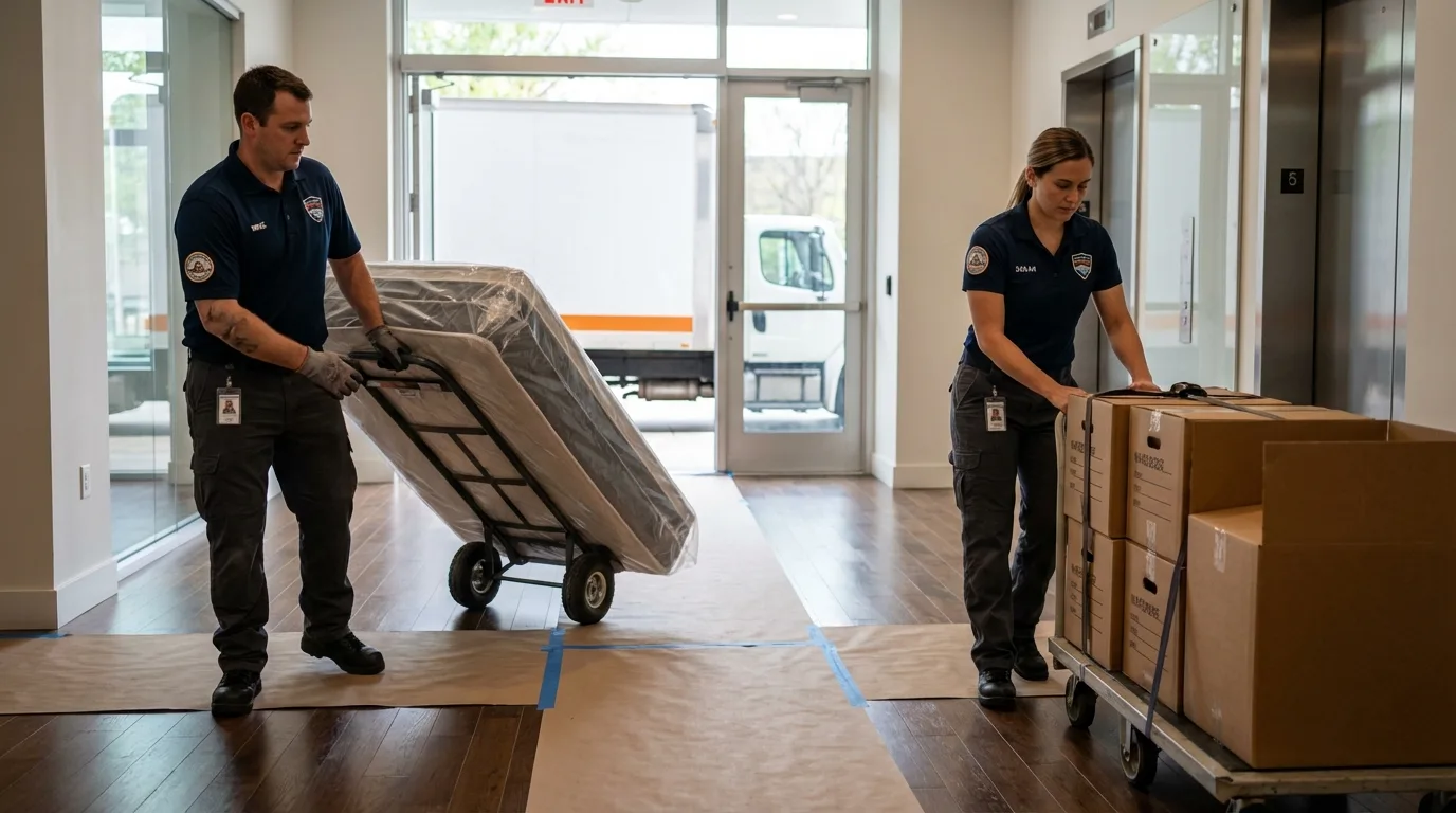 Professional apartment movers loading elevator in Belford, NJ