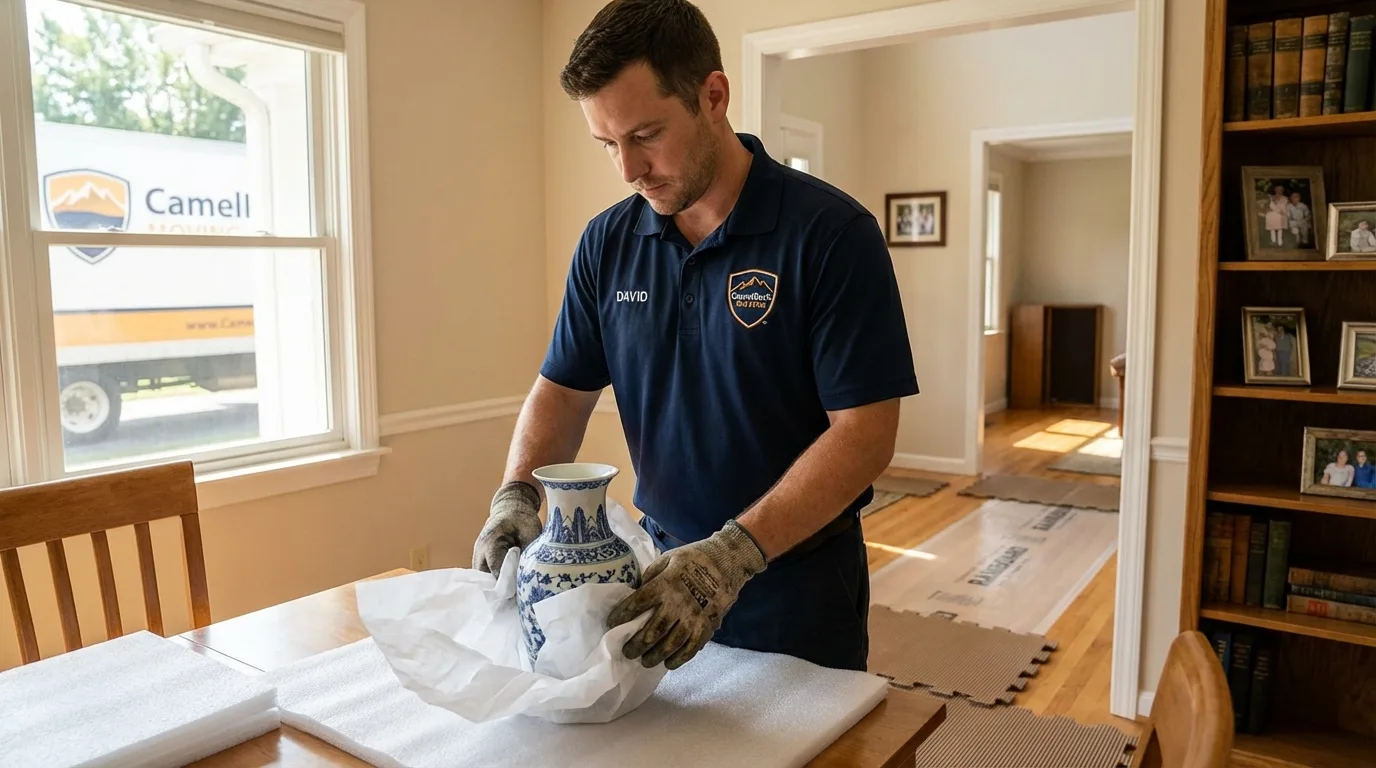 Professional crew carefully wrapping antique vase for senior downsizing move in Belford, NJ
